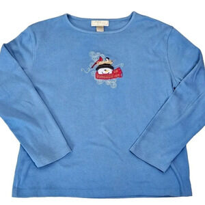 MC Sportswear Long Sleeve Light Blue Snowman Applique T-Shirt Tee Size XL Petite